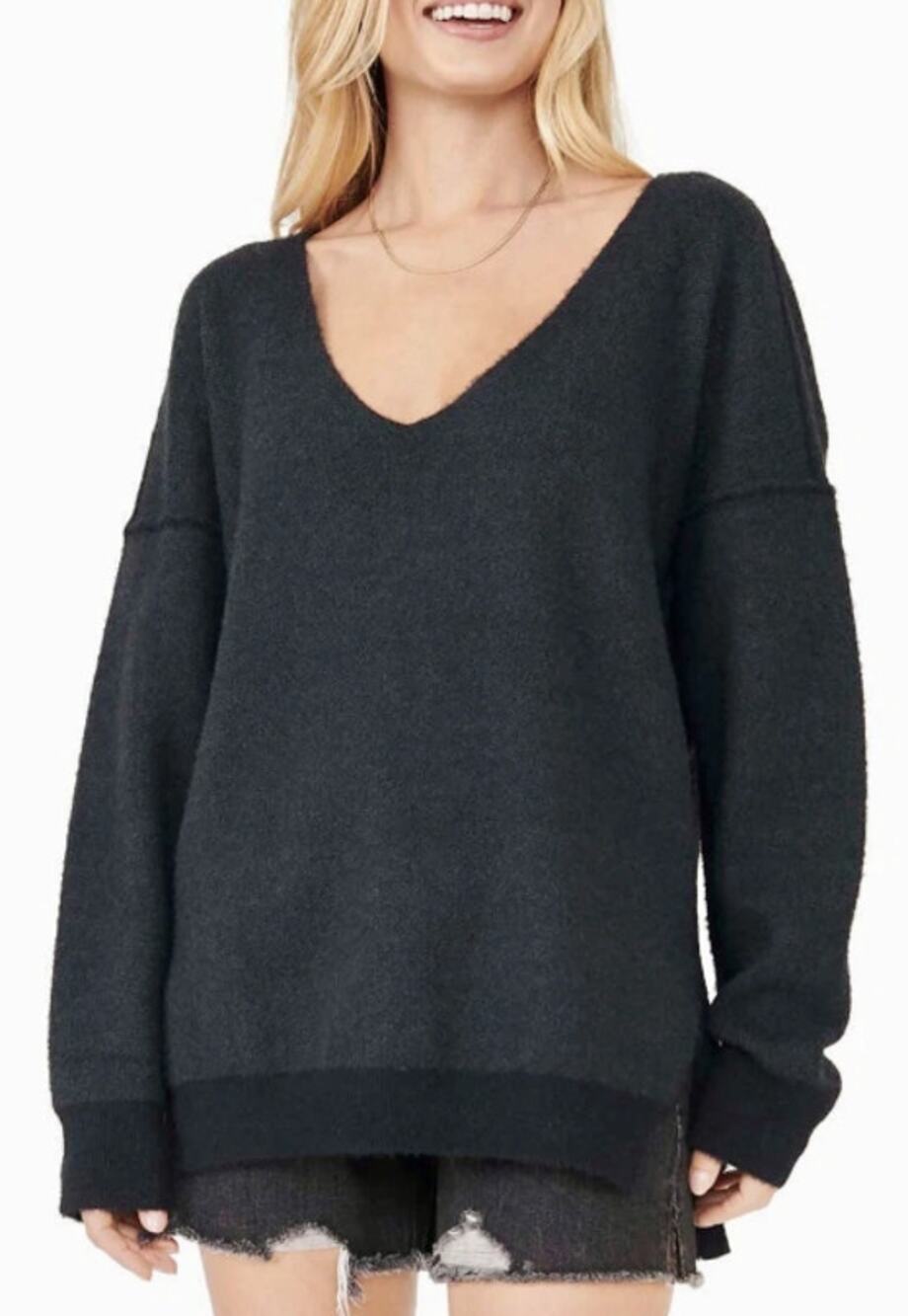 Free People Sweater Weather V-Neck Slouchy Oversized Chunky Knit Pullover Black